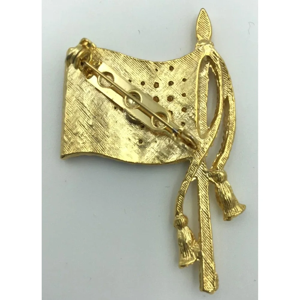 Vtg Gold Tone  American Flag‎ Brooch Rhinestone Patriotic USA July 4th Military